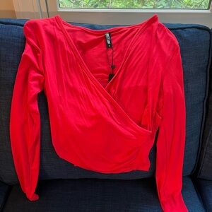 Red Wrap Blouse with Long Sleeves